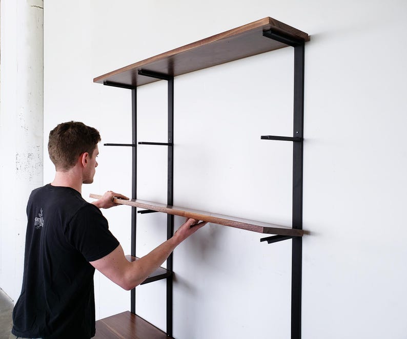 Wall Mounted Bookshelf made in USA with Solid Wood Shelves & Heavy-duty Steel Brackets | Modern Industrial Floating Bookcase 6-tier, 7.5ft H imagen 10