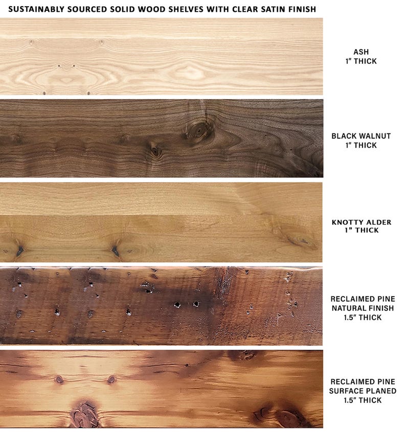 Pu&ograve; includere: Immagine di mensole in legno massello di provenienza sostenibile con finitura satinata trasparente. L'immagine mostra campioni di frassino, noce nero, ontano nodoso e pino riciclato in finiture naturali e piallate. Il frassino, il noce nero e l'ontano nodoso hanno uno spessore di 2,5 cm.