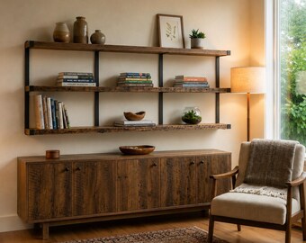 Reclaimed Wood Bookshelves: Rustic Modern Wall-Mounted 3-Shelf Unit with Steel Brackets