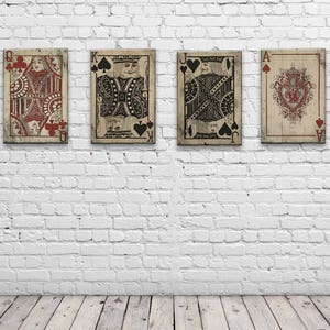 Vintage Playing Cards Wall Art Retro Las Vegas Decor on Distressed Solid Wood - 11" x 17" - Face Cards, Royal Flush, Ace Spades