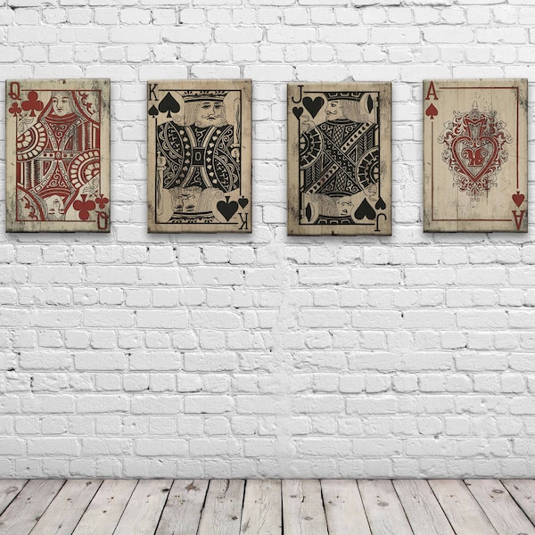 Vintage Playing Cards Wall Art Retro Las Vegas Decor on Distressed Solid Wood - 11" x 17" - Face Cards, Royal Flush, Ace Spades