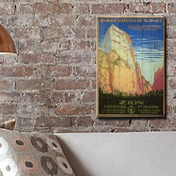 Vintage Zion National Park Poster Wall Art on Solid Wood Boards - Travel Poster, Outdoors, WPA