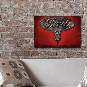 Vintage Ford V8 Emblem Car Wall Art on Solid Wood Boards - 17&quot; x 11&quot; Automobile Decor