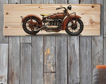 Large 1929 Indian 4 Vintage Motorcycle Wall Art on Solid Wood Boards - 32" x 11" Classic Biker Decor
