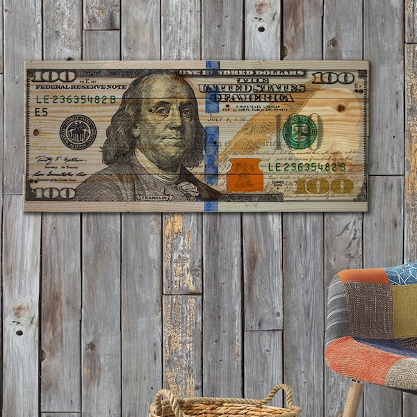 100 Dollar Bill Large Cash Money Wall Art on Solid Wood Boards - 32" x 14" Unique Home Decor, Benjamin Franklin Banknote