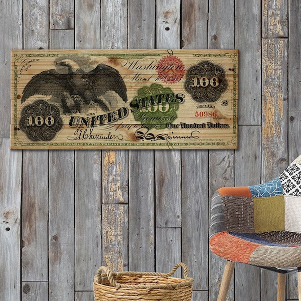 100 Dollar Bill Large Money Wall Art on Solid Wood Boards - 32" x 14" Unique Home Decor, Historic 1863 Banknote