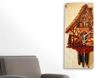 Cuckoo Clock Large Wall Clock with Art on Natural Wood Tall 24" x 11" - Cookoo, German, Bavarian