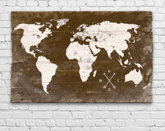 Farmhouse World Map Wall Art, Push Pin Wooden Map, Wood Map World Wall Art, Rustic Wall Art Map Wall Art 48" x 32"