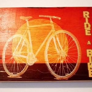 Original Retro Sunset Bicycle Wall Art on Distressed Wood Boards Ride a Bike Beach, Cruiser, Palm Trees image 4