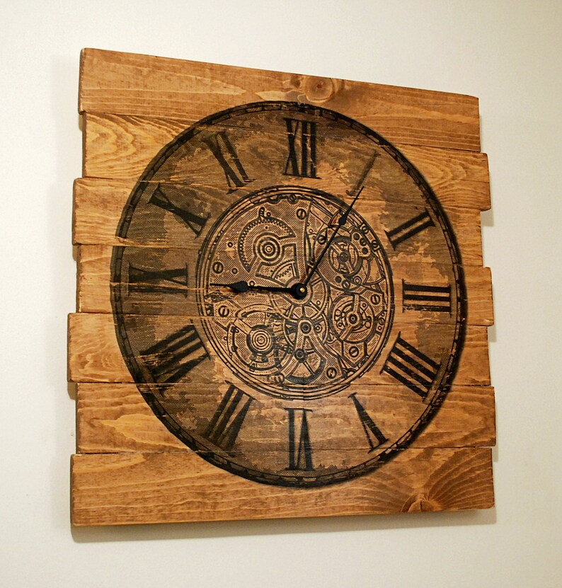 Large Wall Clock Chronograph Design on Stained Distressed Wood Etsy