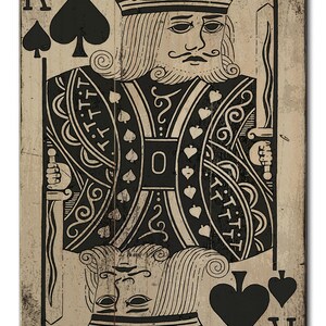 May include: A vintage-style playing card featuring the King of Spades. The card is printed on a wood-grain background with a distressed look. The King is depicted in a traditional style, with a crown, beard, and mustache. The suit symbol is prominent in the corners of the card.
