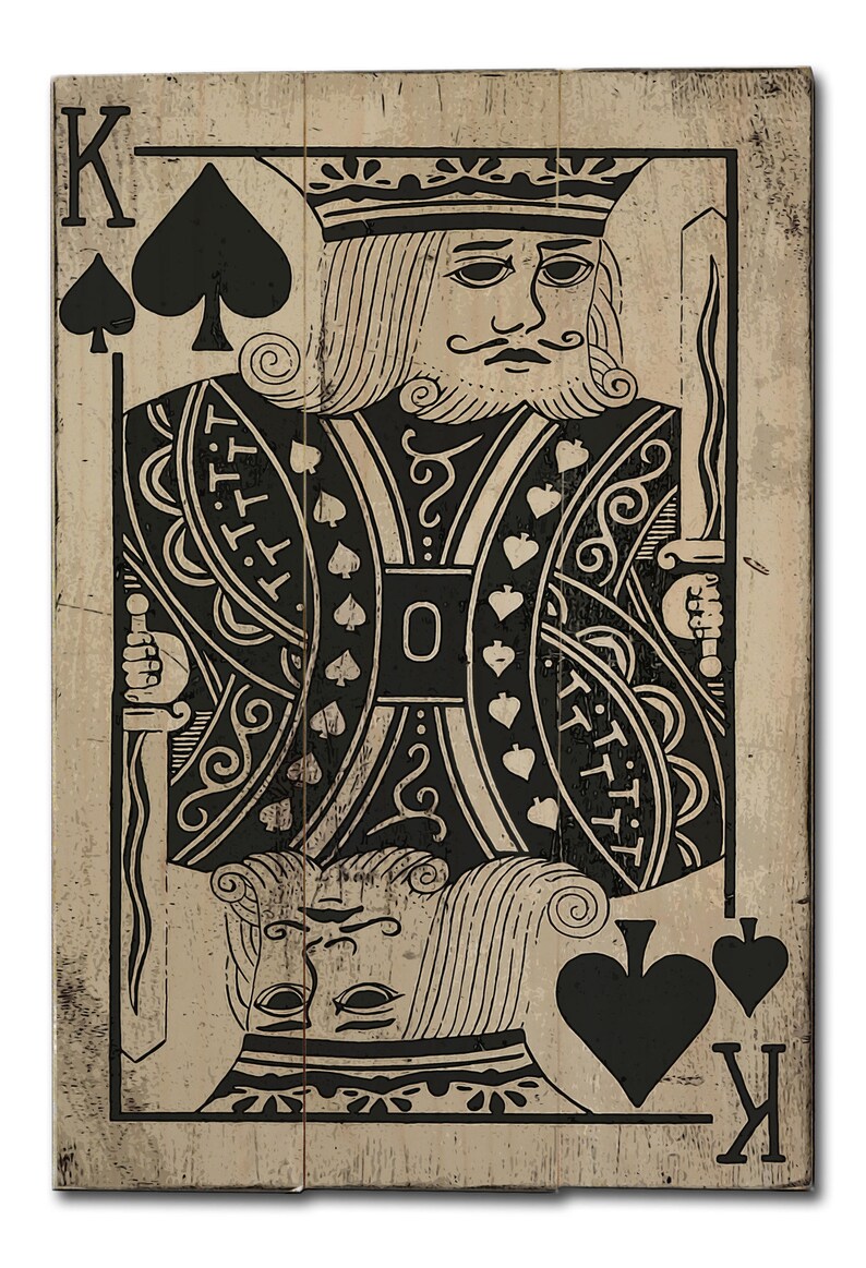 May include: A vintage-style playing card featuring the King of Spades. The card is printed on a wood-grain background with a distressed look. The King is depicted in a traditional style, with a crown, beard, and mustache. The suit symbol is prominent in the corners of the card.