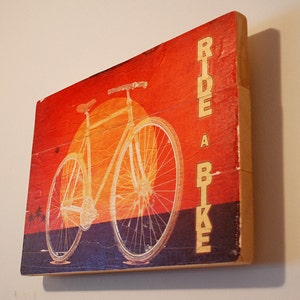 Original Retro Sunset Bicycle Wall Art on Distressed Wood Boards Ride a Bike Beach, Cruiser, Palm Trees image 2