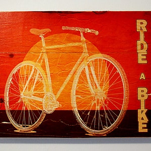 Original Retro Sunset Bicycle Wall Art on Distressed Wood Boards Ride a Bike Beach, Cruiser, Palm Trees image 1