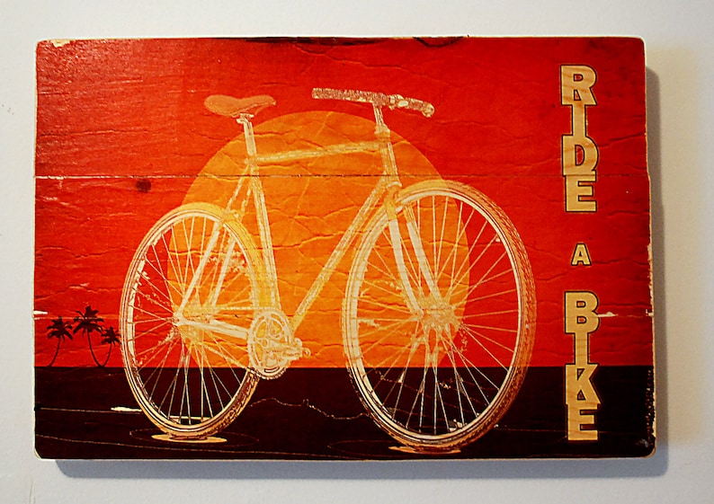 Original Retro Sunset Bicycle Wall Art on Distressed Wood Boards Ride a Bike Beach, Cruiser, Palm Trees image 1