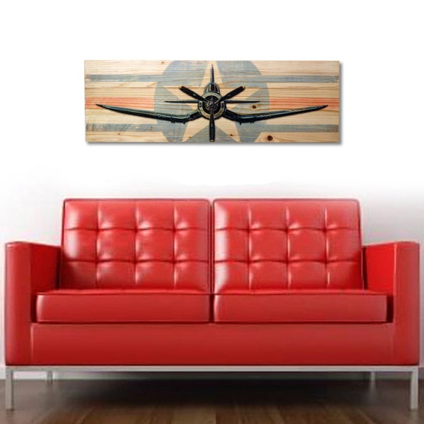 F4U Corsair WWII Fighter Plane Large Wall Art on Solid Wood Boards - 32" x 11" Unique military gift, air force, aviation, historic planes