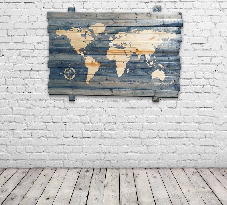 Rustic World Map on Wood Rustic Wall Art for Living Room Push Etsy