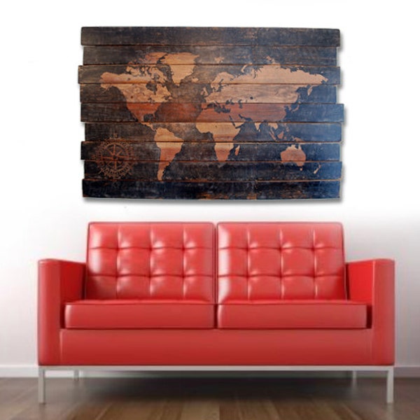 Black Wooden World Map, Handmade Wood Wall Art Map, Distressed Painted Rustic Wall Art for Living Room Wanderlust 48" x 32"