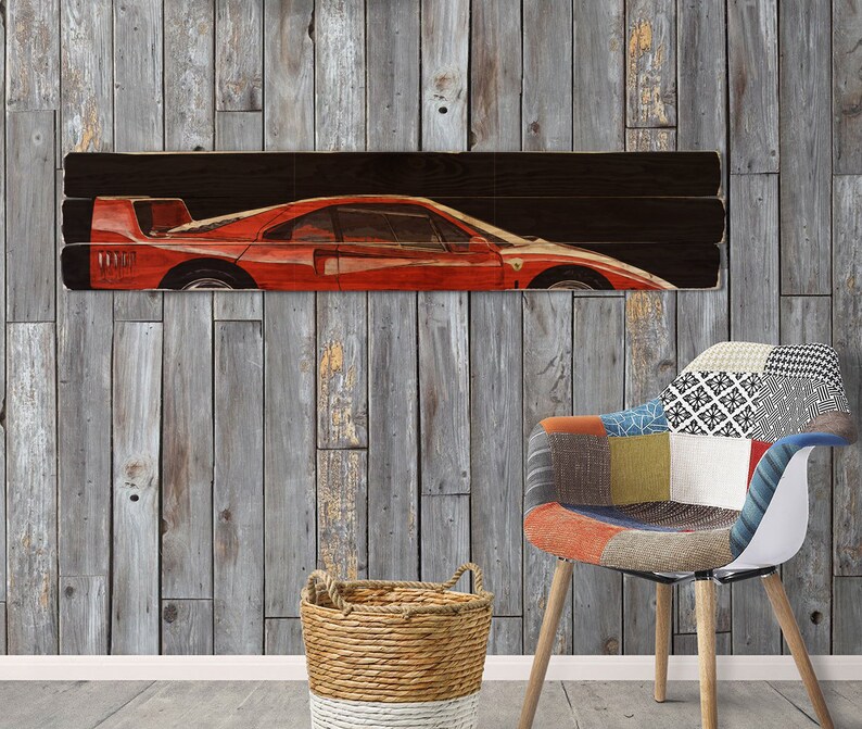 Large Ferrari F40 Car Wall Art On Solid Wood Boards 48 X 11 Italian Automobile Decor Turbo
