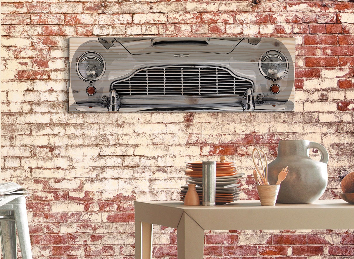 large aston martin db5 sports car wall art on solid wood | etsy