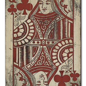 May include: A vintage-style Queen of Clubs playing card with a red and white design on a wood background. The card features a stylized image of the Queen holding a flower.