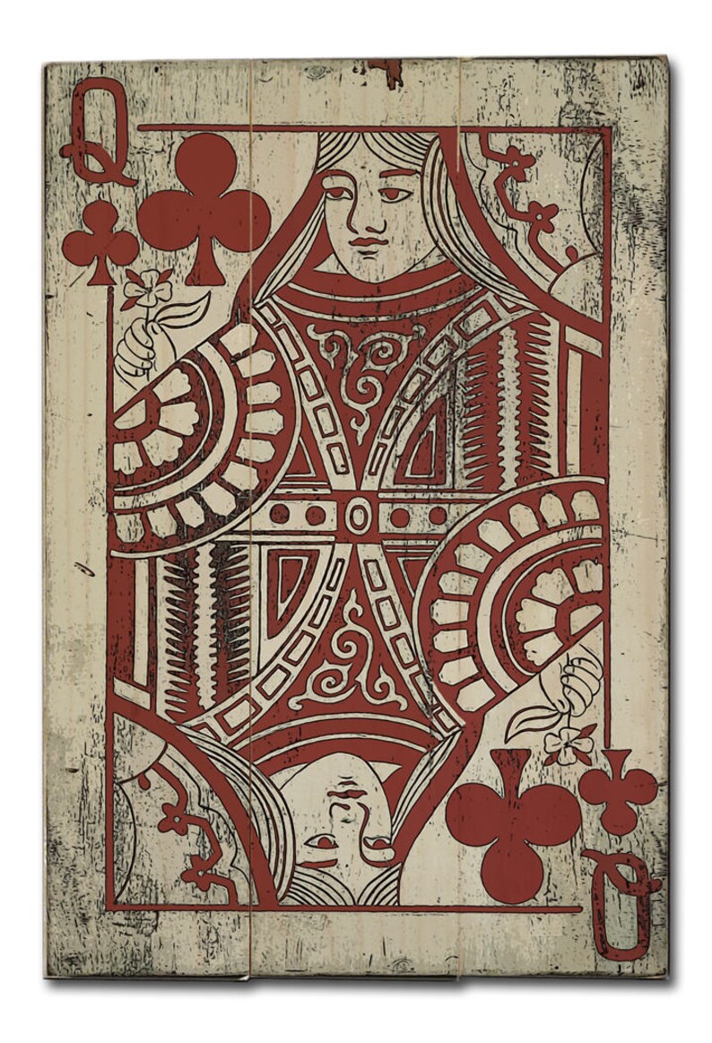 May include: A vintage-style Queen of Clubs playing card with a red and white design on a wood background. The card features a stylized image of the Queen holding a flower.