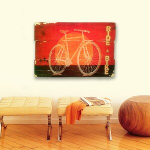 Original Retro Sunset Bicycle Wall Art on Distressed Wood Boards Ride a Bike Beach, Cruiser, Palm Trees image 5