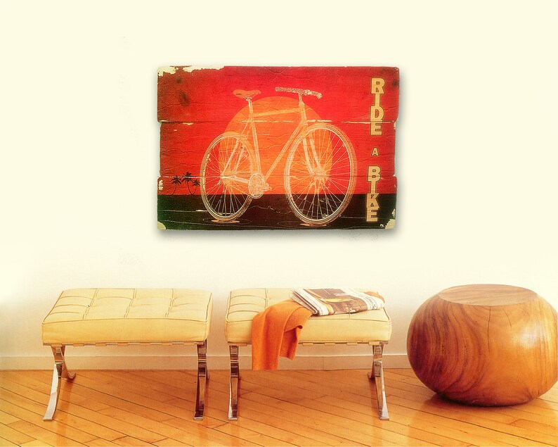 Original Retro Sunset Bicycle Wall Art on Distressed Wood Boards Ride a Bike Beach, Cruiser, Palm Trees image 5