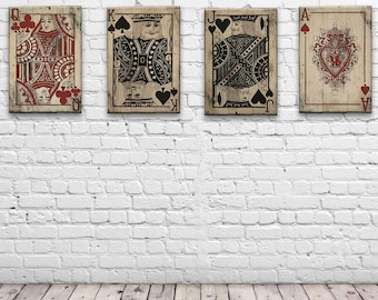 Vintage Playing Card Wall Art on Distressed Wood, 21 x 32