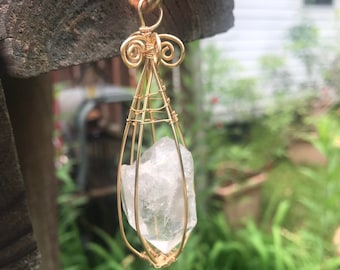 Handmade Copper Wirewrapped Crystal Quartz Pendant