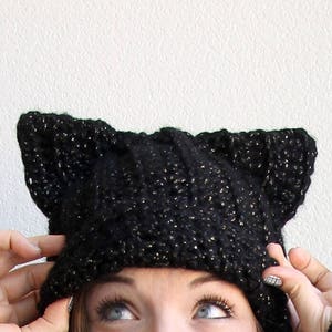 Kitty Cat beanie hat. Womens crochet animal hat. Cat hat beanie. Black cat beanie.