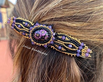 Barrette à cheveux tissée en perles * Violet, or et Noir