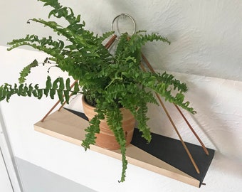 Ready to Ship! Plant Hanger, Hanging Plant Shelf - Black paint,raw wood and leather