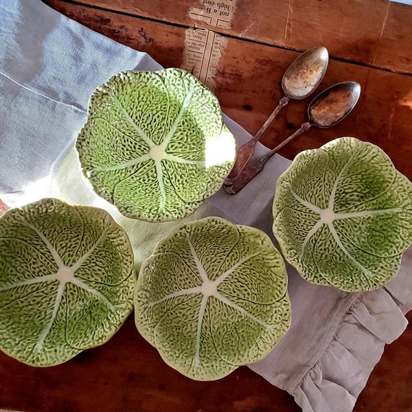 Set Of 4 Dessert Bowls, Bordallo Pinheiro Light Green Cabbage Majolica