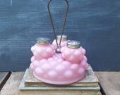 Pink Satin Glass Salt Pepper Condiment Set, Bulging Petals Pattern