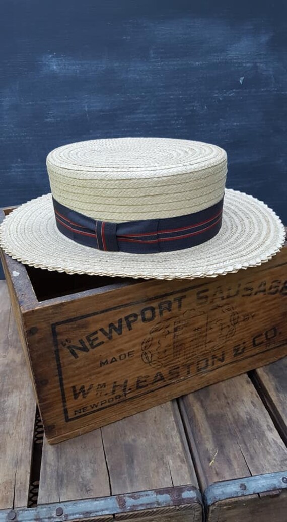 1940s Straw Boater Hat, Vintage Men's Straw Skimme