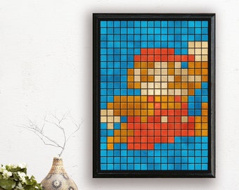 May include: A framed pixel art print of a video game character. The character is red, brown, and yellow and is set against a blue background.