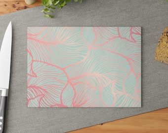 Tabla de cortar de vidrio con estampado de hojas en tonos pastel / Diseño de hojas de menta rosa