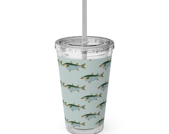 Vaso de 473 ml con estampado de peces azules a rayas / Vaso con pajita reutilizable