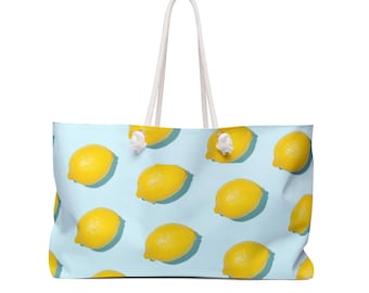 Bolso de fin de semana con estampado de limones / Bolso tote cítrico, fondo azul
