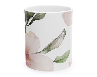 Taza de cerámica con estampado floral de magnolia rosada / Taza de café de 325 ml (11 oz) / 444 ml (15 oz)