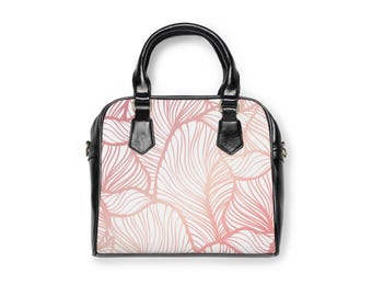Bolso de hombro con estampado de hojas en tono rosa y diseño floral ondulado.
