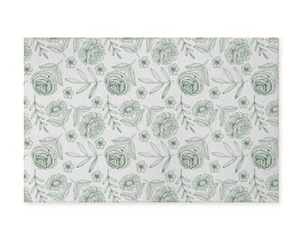 Alfombra lavable con estampado floral verde / Diseño botánico de peonías, alfombra decorativa lavable a máquina.