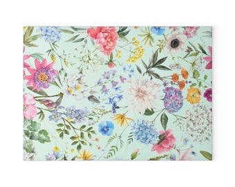 Tabla de cortar de cristal con flores silvestres en acuarela pastel / Decoración floral para la cocina