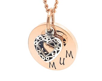 Coorabell Crafts Rose Gold Mum Pendant with Sterling silver love heart charm. Neckalce and pendant with stylish gift box.