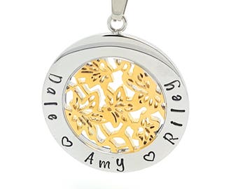 Hand Stamped Family Names Necklace - Custom made Silver and Gold Flower Design