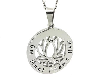 Lotus Flower Pendant Silver - "Om Mani Padme Hum" Personalised Pendant