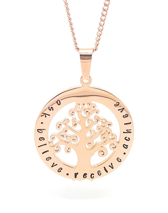 38mm tree of life silver /& rose gold coloured stainless steel hand stamped customized name pendant on a 60cm chain necklace fast turnaround