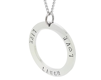 Plain Silver Circle Pendant with Personalised Text Silver Necklace and Gift box Included, Hand Stamped quality surgical steel hypoallergenic