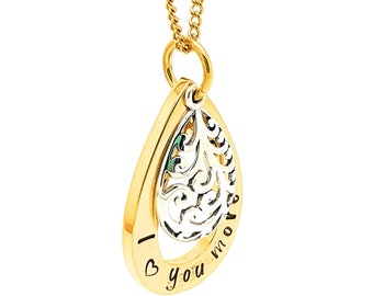 Gifts for her, Gold teap drop pendant "I love you more" necklace filigree Silver charm